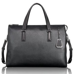 Tumi black Elaine brief leather tote work bag with trolley pocket for travel